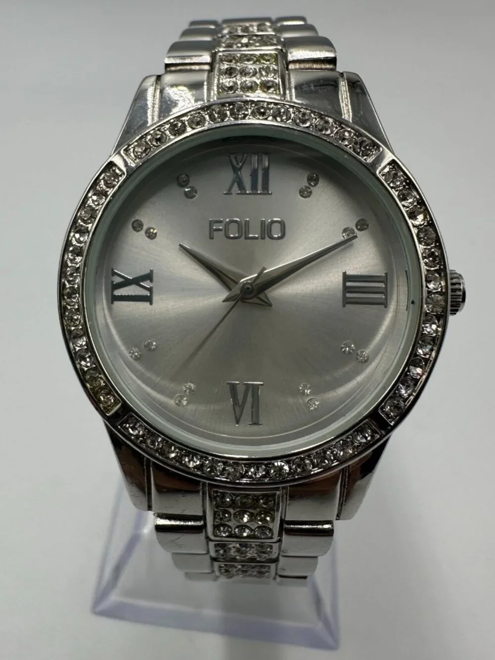 3/$30 Folio Watch Women Silver Tone Crystal Bezel Round Dial 31MM 7.5 Inch